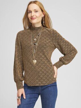 Chico's Black Gold Lurex Knit Textured Gold Mock-Neck Top‎ Size XXL